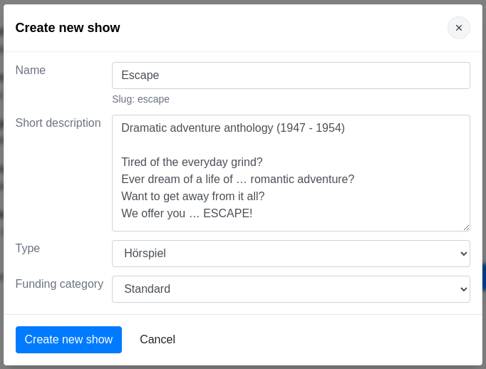 Create show dialog