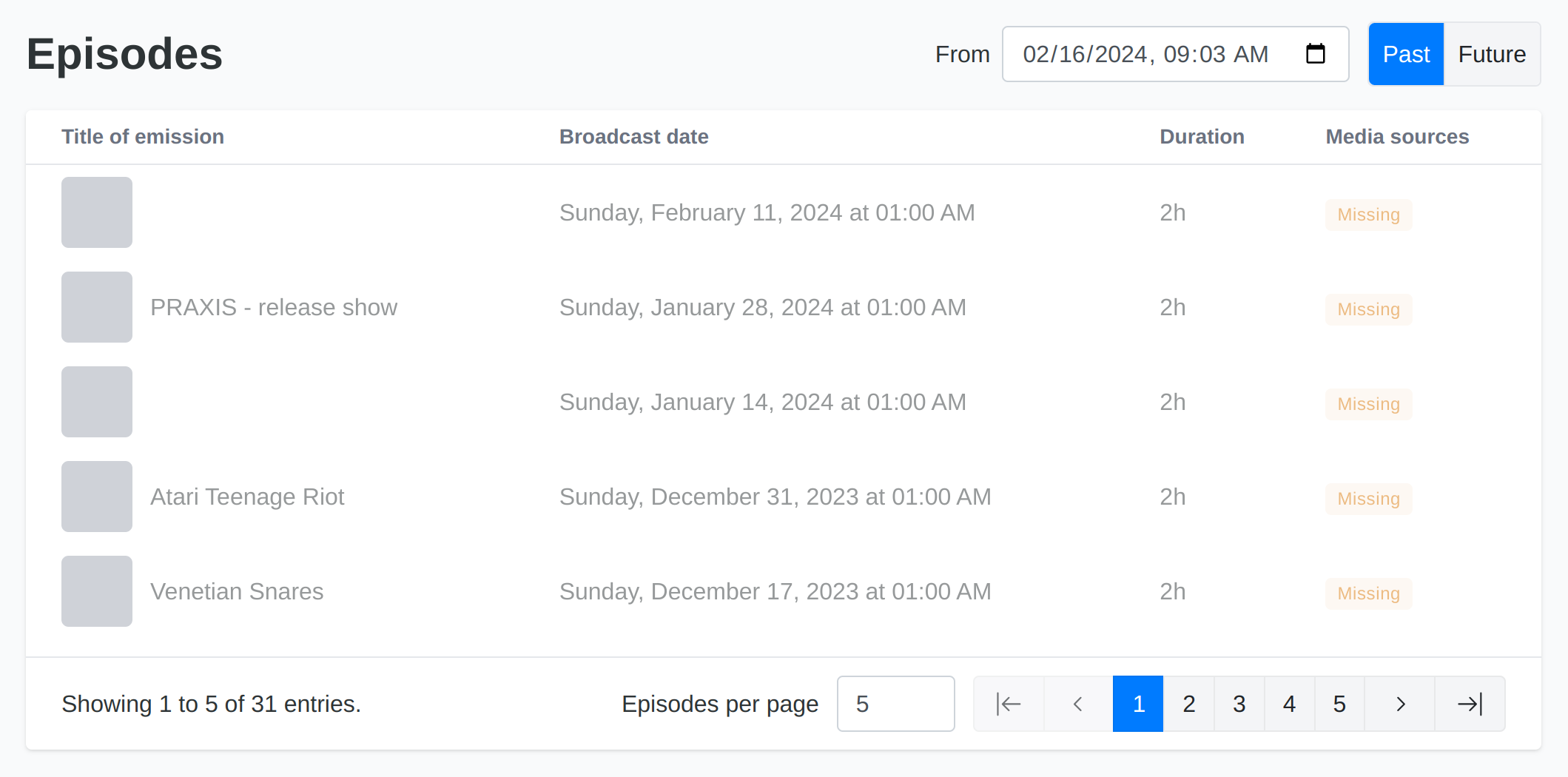 Past show episodes