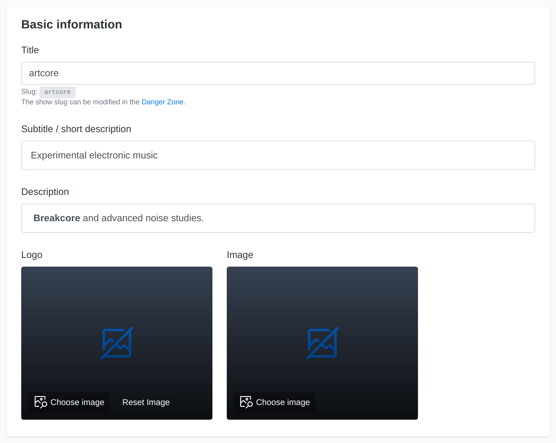 Show settings - basic information