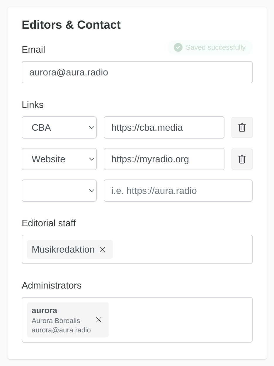 Show settings - editors and contact