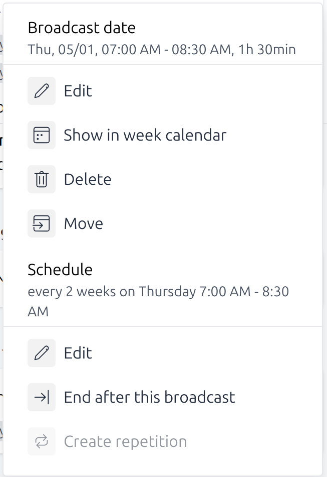 Calendar item context menu