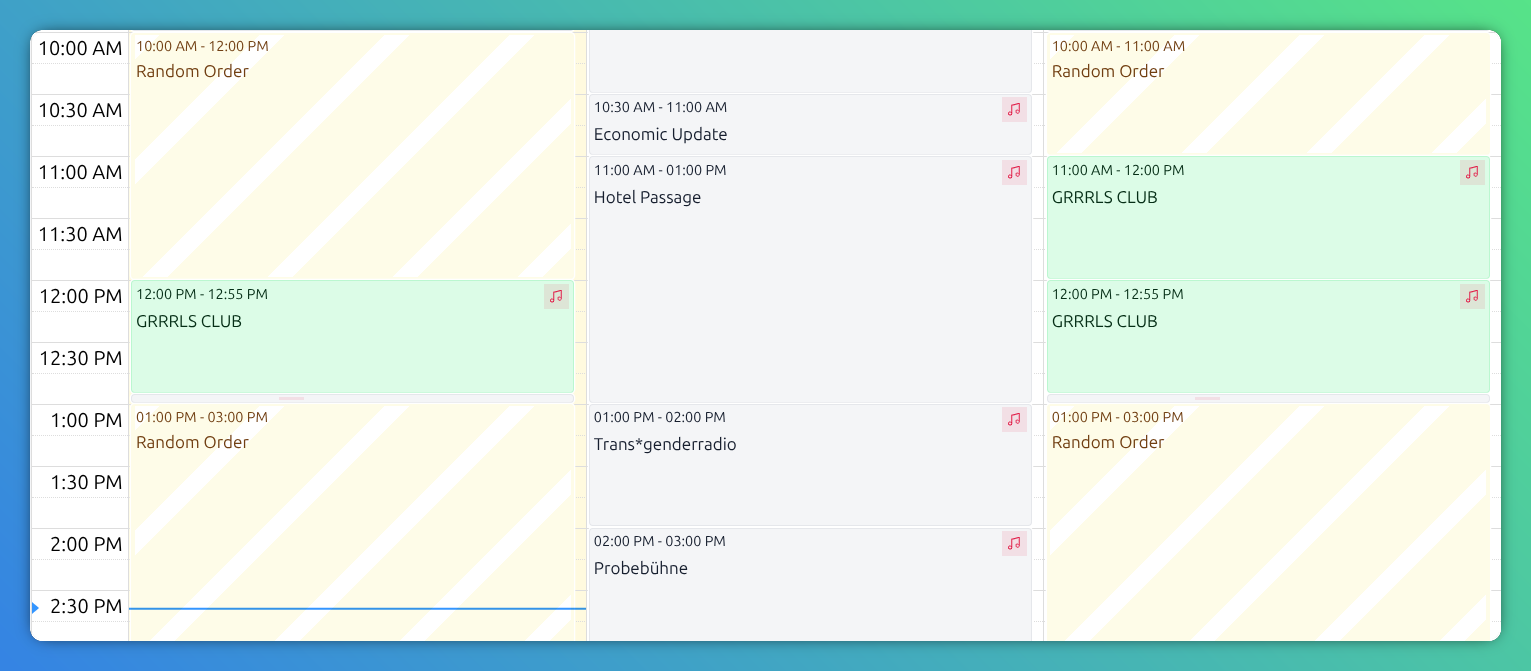 Calendar week view highlighting show admin broadcasts