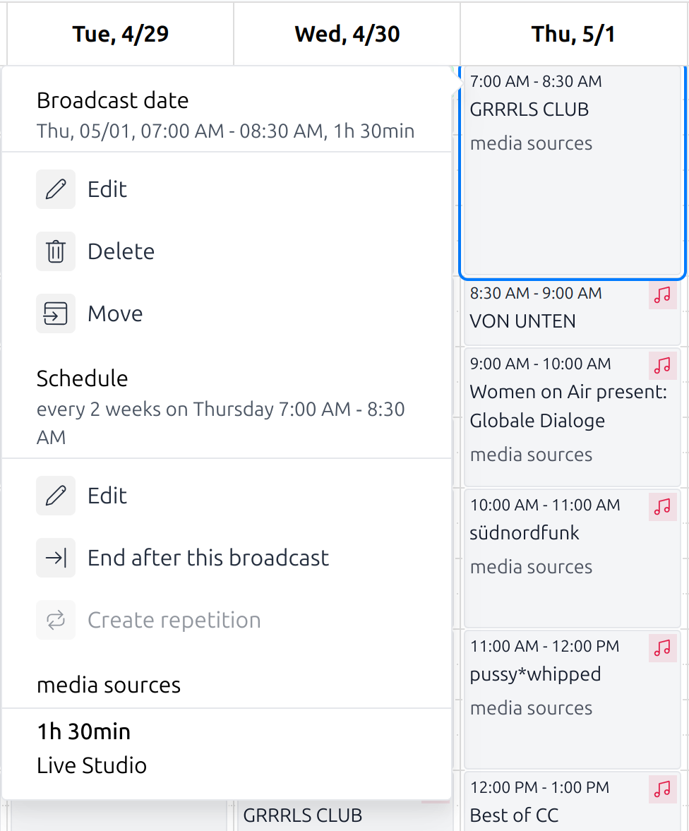 Calendar item context menu