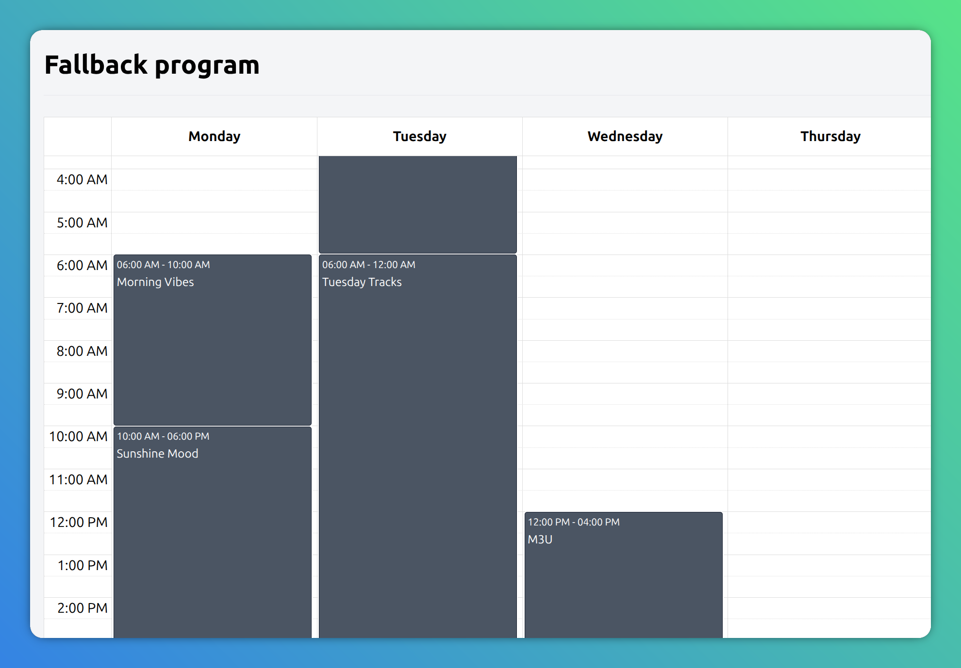 Fallback program calendar