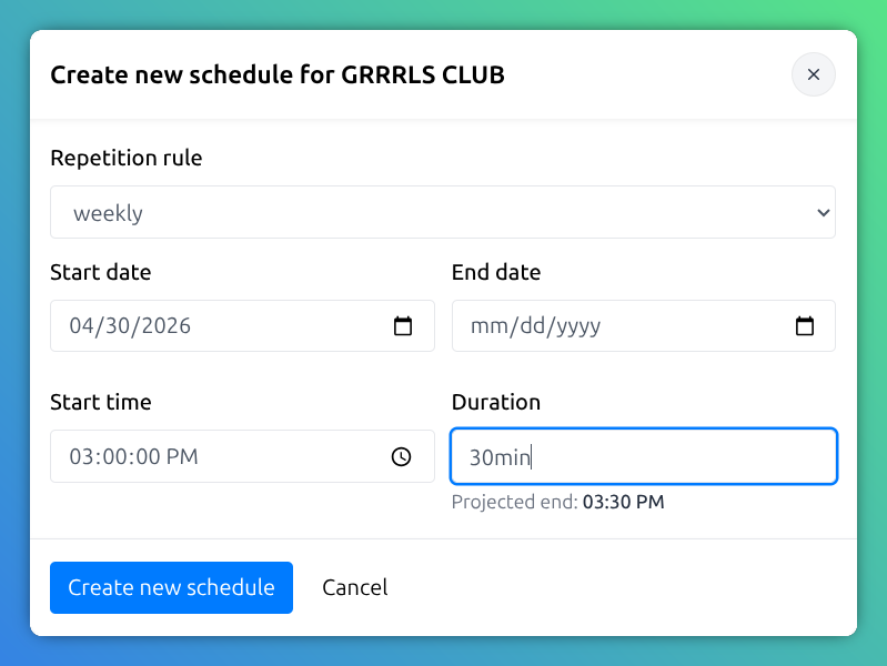 Repetition schedule create