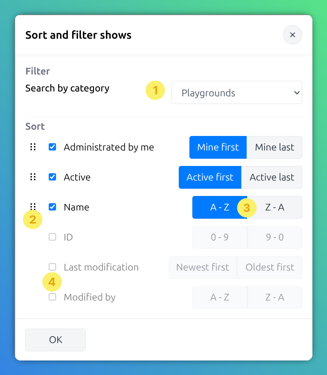 Sort and filter show list dialog